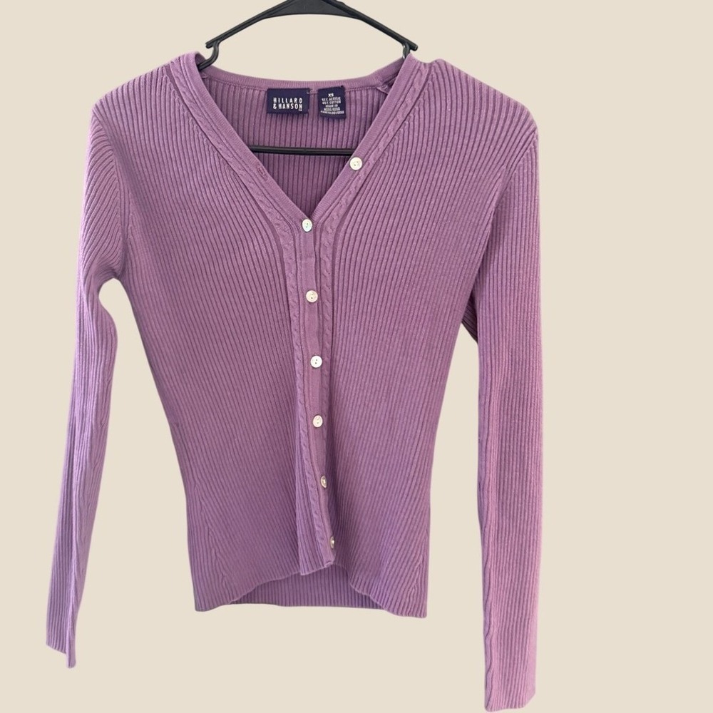 Hillard & Hanson Purple Ribbed V-Neck Cardigan Sweater Womens XS Cotton Blend